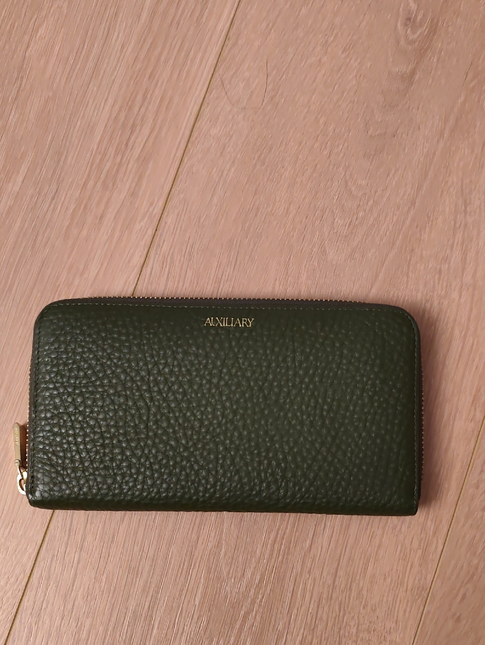Auxiliary Dark Green Textured Zip-Around Wallet with Gold Accents
